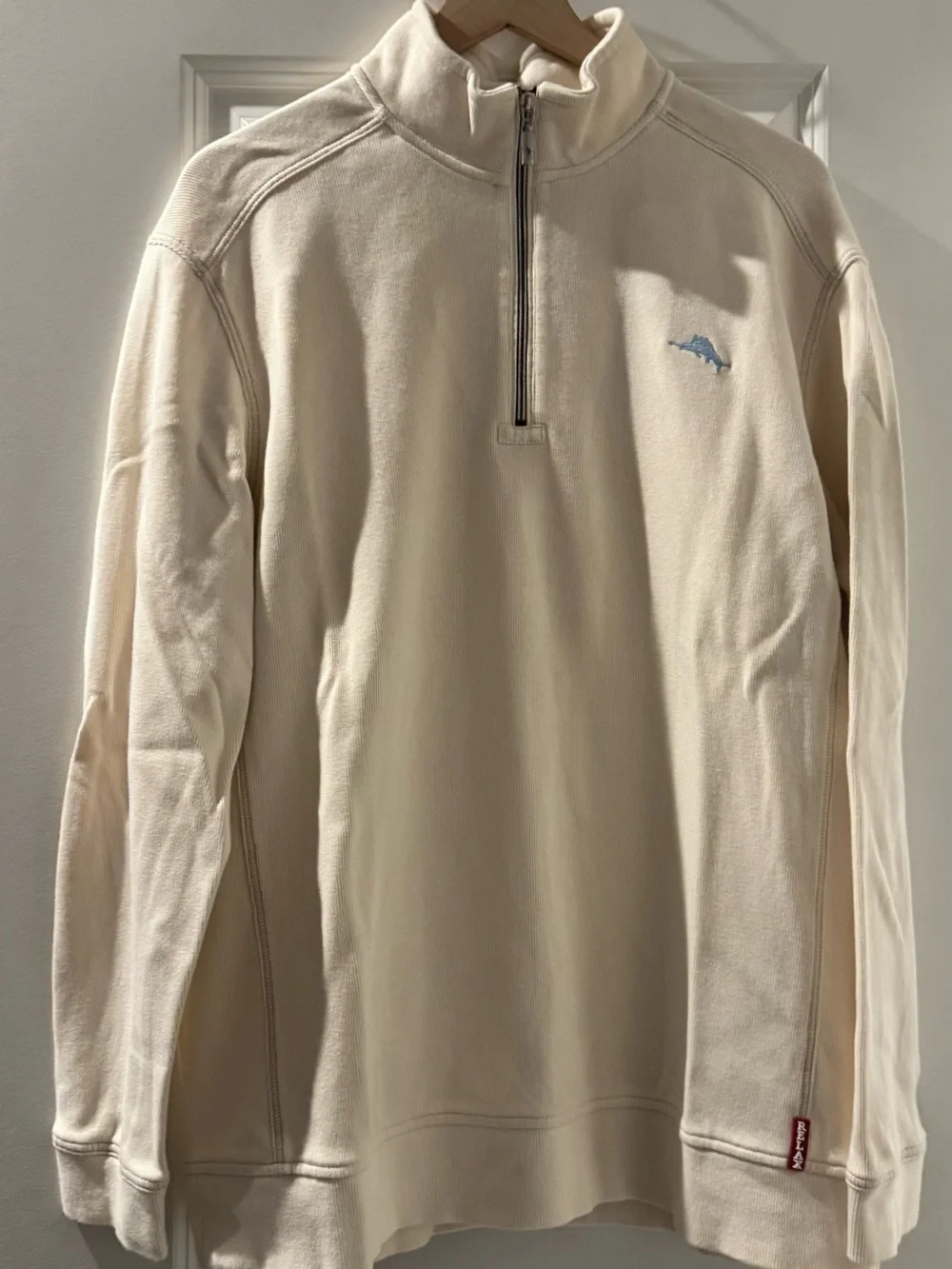 Tommy Bahama Cream Quarter-Zip Sweater with Light Blue Dolphin